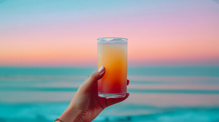 Sunset cocktail held above ocean, hand presents chilled cocktail in frosted glass as pastel sky glows over waves, refreshing cocktail for beach relaxation, golden hour vibe and summer escape mood