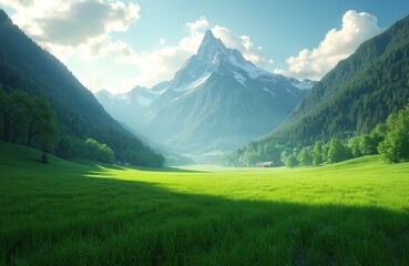 Obraz premium Futuristic AI manages vast green valleys with snow-capped mountains. Sustainable energy concept integration, clean sky, digital cloud system, village houses.