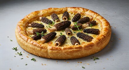Golden Pastry Tart Topped with Brown Morel Mushrooms and Herbs on Gray Surface