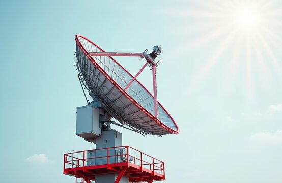 Large satellite dish antenna against bright sky with sun flare. Red and white radar dish on metal structure, communications technology for airspace control and navigation.