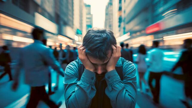 Young man holding head with stress standing in busy city street with blurred crowd of people moving quickly