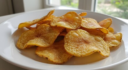 Golden Potato Chips on White Plate by Window, Crunchy Snack