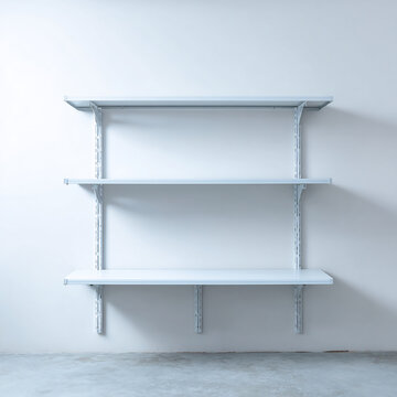 Empty white metal wall-mounted shelving unit in a bright, clean, and minimalist room, ready for storage.