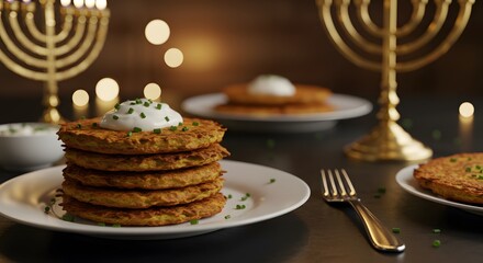 Golden Potato Pancakes Stack with Creamy Topping for Celebration