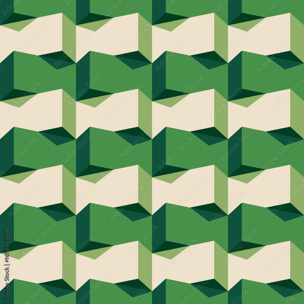 Poster abstract geometric block repetitive illusion green and cream seamless pattern