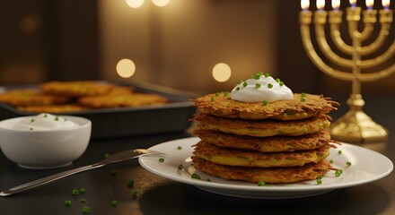 Golden Potato Pancakes Stacked with Cream and Chives on White Plate with Golden Menorah in Background