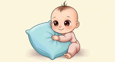 Adorable cartoon baby hugging a soft blue pillow with a happy expression
