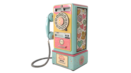 A vintage pastel payphone with heart decorations stands isolated on a transparent background, evoking a sense of retro charm