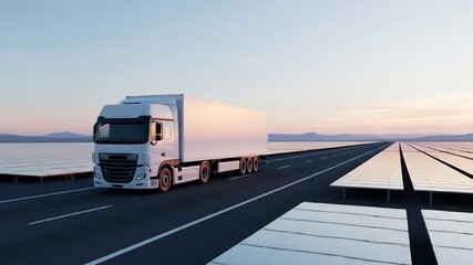 Electric truck driving on a solar panel road, clean energy and sustainable transportation in the