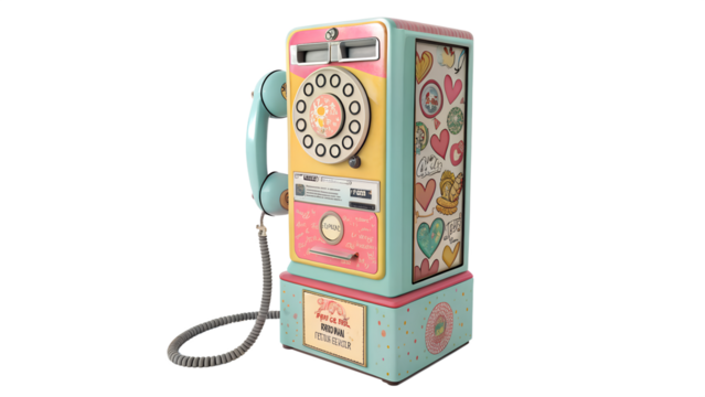 A vintage pastel payphone with heart decorations stands isolated on a transparent background, evoking a sense of retro charm