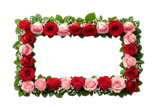 Rectangular floral border with red and pink roses isolated on transparent background