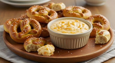 Golden Pretzels with Creamy Dip on Wooden Tray Serving Appetizer