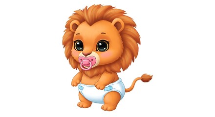 Adorable cartoon baby lion cub wearing a diaper and pacifier