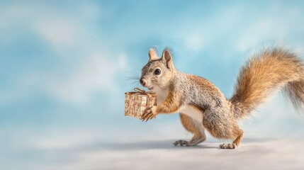 Obraz premium Playful squirrel carrying a small wrapped gift, whimsical watercolor art, background softly blurred