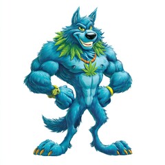 Playful yet muscular wolf mascot, bright cartoon colors, cannabis leaf charm around neck