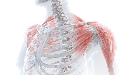 Medical 3D illustration with transparent skin showing shoulder blade muscles and spine beneath