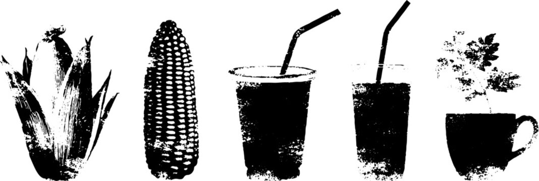 Black and white grill set featuring corn and refreshing drinks for summer bbq poster
