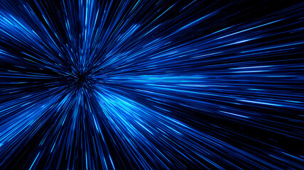 Fototapeta premium Electric blue light rays burst from a central point creating a dramatic, high-speed, abstract background.