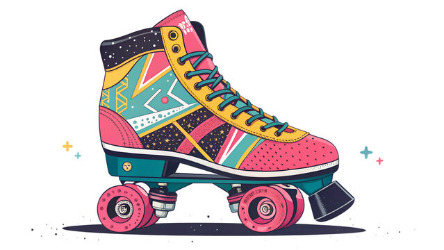 A retro roller skate with a colorful geometric pattern isolated on transparent background