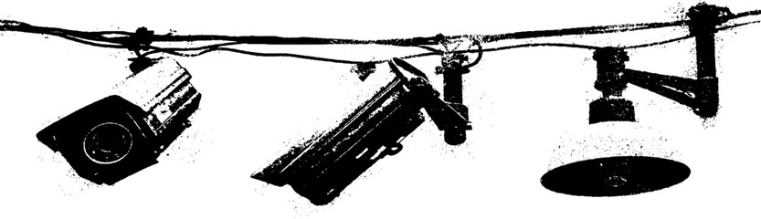 Obraz premium Black and white stencil set of security cameras and light fixtures for urban design projects