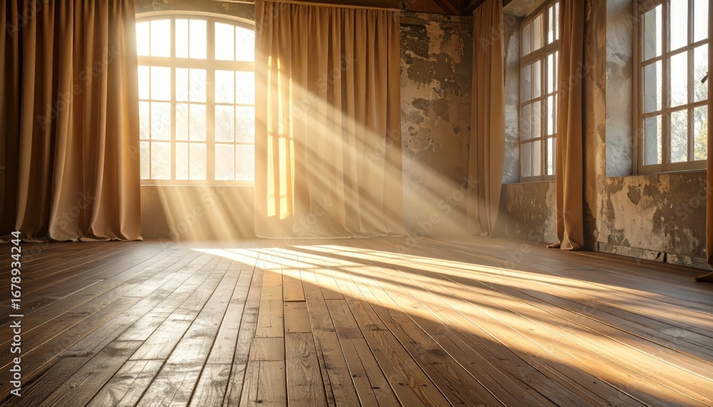 Poster sunlight streaming through windows in an abandoned rustic room