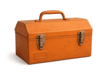 Closed orange metal toolbox with handle and clasps, isolated on transparent background, ready for work