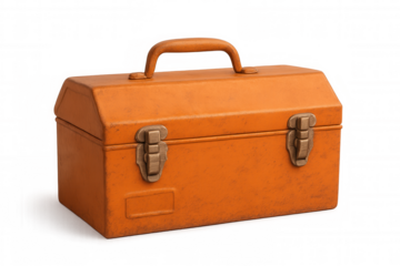 Closed orange metal toolbox with handle and clasps, isolated on transparent background, ready for work