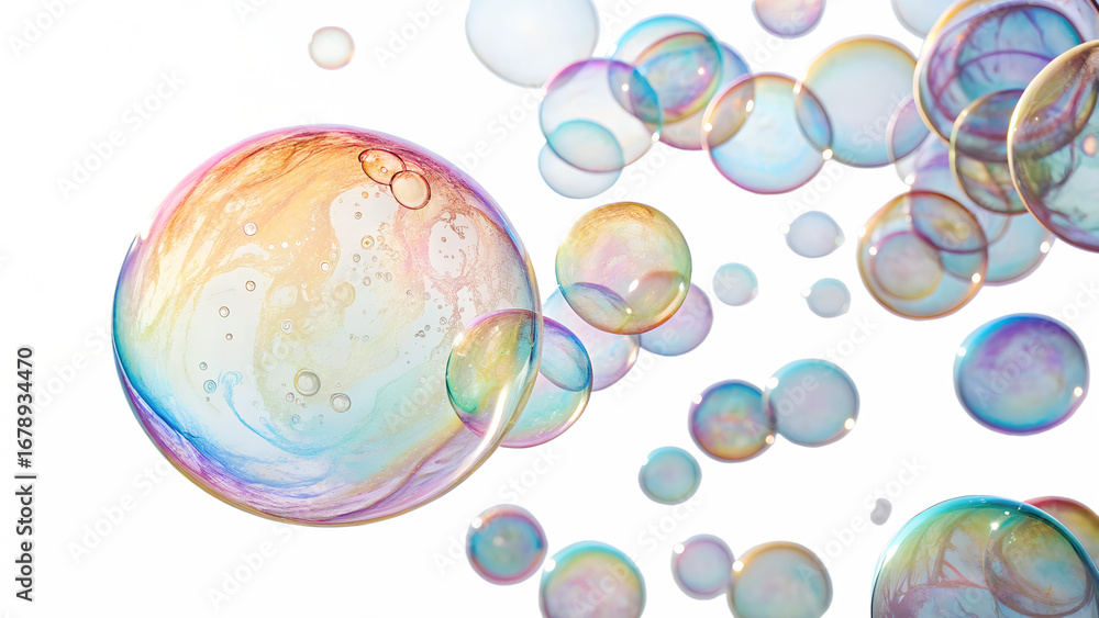 Poster a cluster of iridescent soap bubbles floats against a transparent background, creating a colorful an