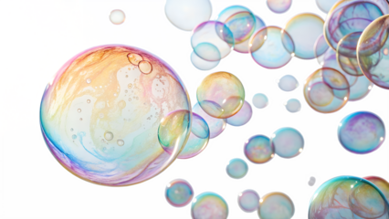 A cluster of iridescent soap bubbles floats against a transparent background, creating a colorful and whimsical scene isolated on transparent background