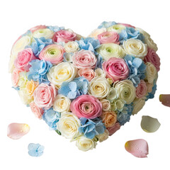 Heartshaped floral arrangement with pink, white, and blue roses and hydrangeas, isolated on transparent background