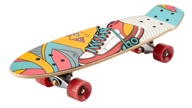 A colorful skateboard with a shoe illustration on the deck, isolated on transparent background, perfect for urban recreation