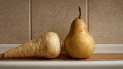 One parsnip and one pear balanced on a tray, beige kitchen wall behind