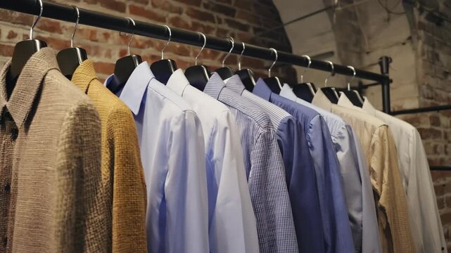 Various shirts and jackets on hangers lined up in front of textured brick wall, combining fashion with raw interior.