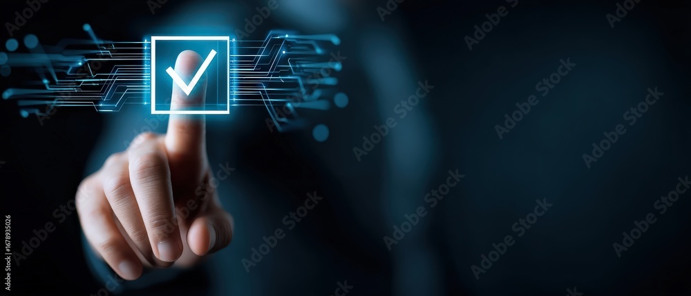 Poster a hand selecting a digital checkbox, symbolizing confirmation or approval in a technology-driven env