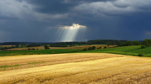 Dramatic sun rays shining through dark clouds over field, creating intense and contrasting weather scene.