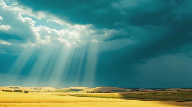 Beams of sunlight break through cloudy sky over bright sandy beach, creating serene coastal view.