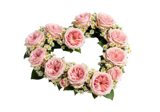 Heartshaped wreath of delicate pink roses and small white flowers isolated on transparent background