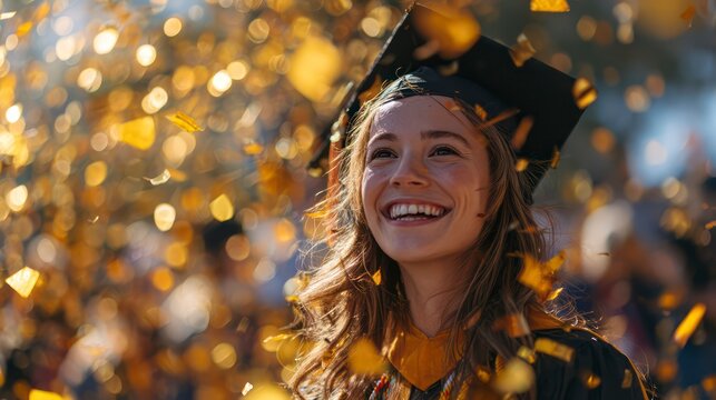 Graduation moment with student laughing, confetti mid-flight, golden sunlight, vibrant atmosphere
