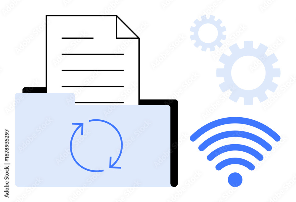 Poster folder containing a document with sync arrows, gears, and wireless signal icon representing cloud st