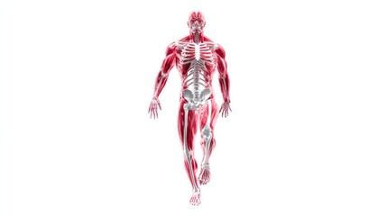 Obraz premium Full-body 3D model of human muscles and skeleton, semi-transparent effect showing bones inside