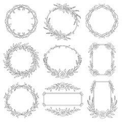 A beautiful collection of hand-drawn floral wreaths and botanical frames for elegant invitation design
