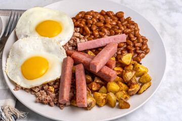 fried eggs with corn beef hash and spam fries