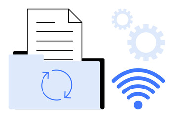 Folder containing a document with sync arrows, gears, and wireless signal icon representing cloud storage, automation, and digital connectivity. Ideal for technology, data sharing, workflow, cloud