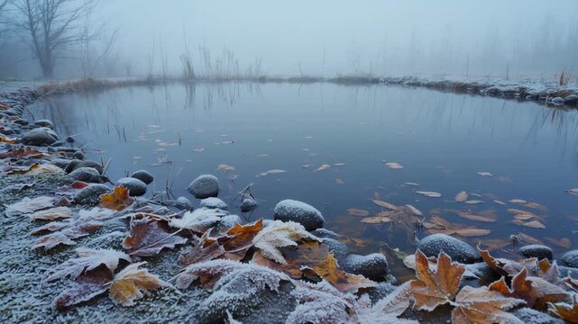 Quiet foggy lake shore with fallen autumn leaves and cold water, creating peaceful seasonal nature scene.