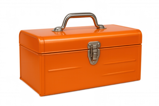 Orange metal toolbox with robust handle, secure locking mechanism, resting on transparent surface, professional storage solution