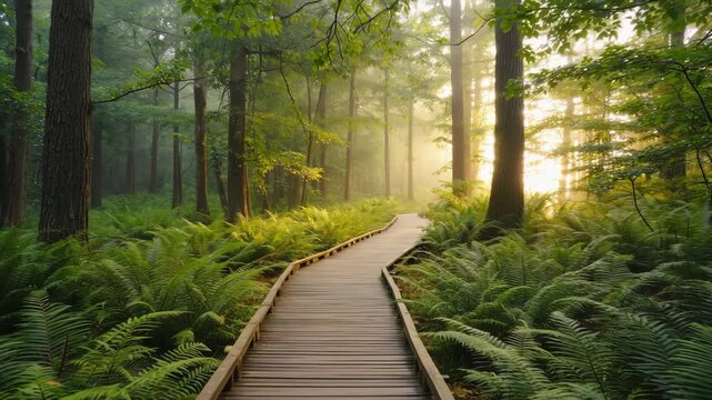 Sunlit forest with wooden boardwalk path leading through green trees and ferns, creating peaceful natural scene.