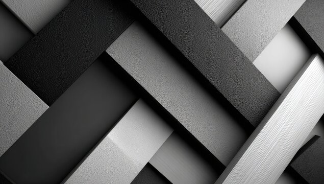 Abstract geometric pattern of intersecting, layered, gray and black rectangles
