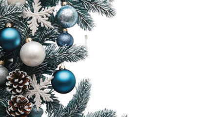 Festive Christmas tree branches adorned with shimmering blue ornaments and delicate snowflakes, adding a touch of winter magic to your holiday designs. isloted on transparent background