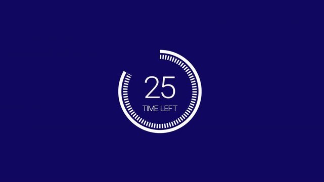 30 second countdown timer animation from 30 seconds to 0 seconds on a blue background, thirty seconds countdown timer with alpha channel in 4k with dashes circle. modern design animation. 