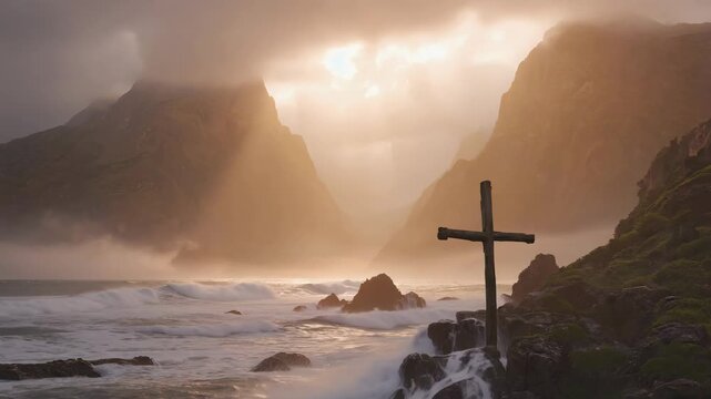 Lonely wooden cross stands on rock shore with dramatic morning light through clouds, creating peaceful spiritual scene.